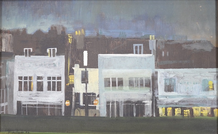 Purchase, Contemporary oil on board, 'Shop fronts', signed and dated ‘76, 21 x 34cm. Condition - good, some minor scratches